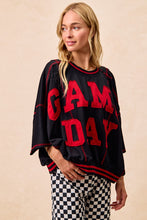Load image into Gallery viewer, BiBi OVERSIZED French Terry Top with GAME DAY Letter Patchwork Front in Black/Red