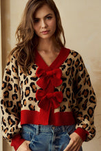 Load image into Gallery viewer, LovLov Animal Print Knit Cardigan with Bow Front Details in Leopard/Red ON ORDER