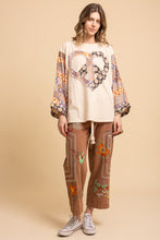 Load image into Gallery viewer, BlueVelvet Heart Peace Sign Patched Upcycled Inspired Poncho Top in White-Red