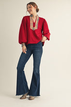 Load image into Gallery viewer, Jodifl Solid Color Knit Top with Contrasting Plaid Accents in Red