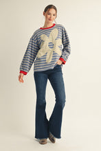 Load image into Gallery viewer, Jodifl Striped Top with Large Eyelet Lace Patched Flower in Denim
