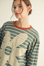 Load image into Gallery viewer, Jodifl Striped Top with Large Eyelet Lace Patched Flower in Teal