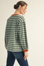 Load image into Gallery viewer, Jodifl Striped Top with Large Eyelet Lace Patched Flower in Teal
