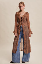 Load image into Gallery viewer, Listicle Sheer Lace Ruffled Duster Cardigan in Mocha