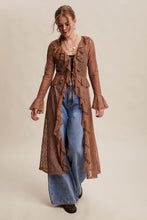 Load image into Gallery viewer, Listicle Sheer Lace Ruffled Duster Cardigan in Mocha