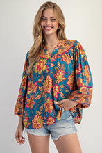 Load image into Gallery viewer, Easel Vibrant Floral Print Challis Top in Turquoise Blue