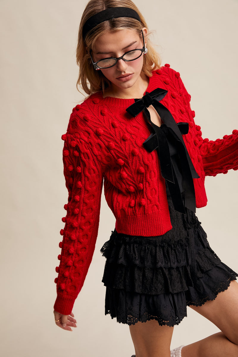 aletta angelique フリル タートルニット Black＆red Listicle Open Front Cable Knit Cardigan with Contrasting Color Bow