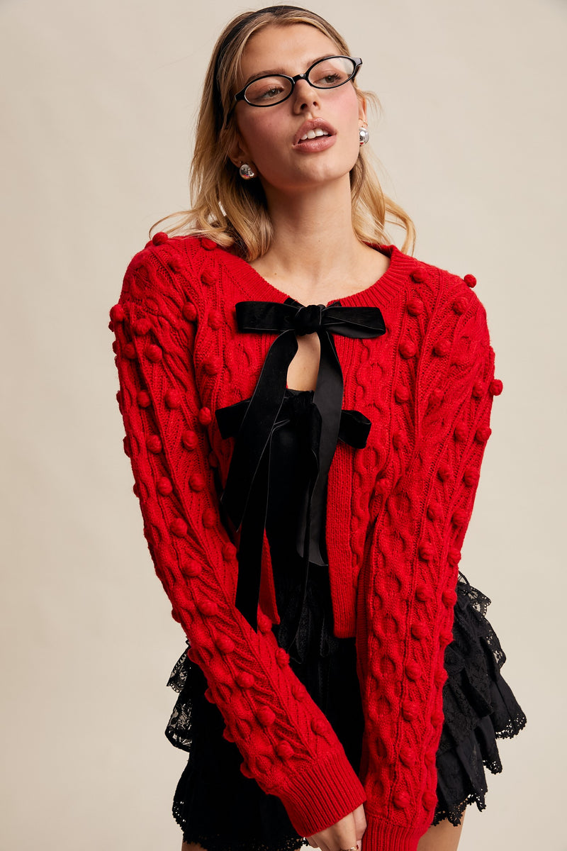Listicle Open Front Cable Knit Cardigan with Contrasting Color Bow
