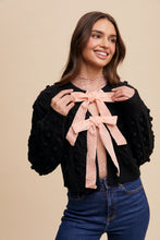 Load image into Gallery viewer, Listicle Open Front Cable Knit Cardigan with Contrasting Color Bow Tie Front in Black