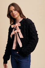 Load image into Gallery viewer, Listicle Open Front Cable Knit Cardigan with Contrasting Color Bow Tie Front in Black