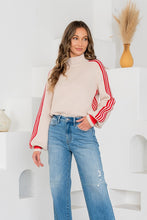 Load image into Gallery viewer, Sew in Love Knit Sweater with Contrasting Stripes in Taupe/Ruby