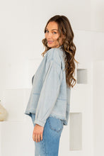 Load image into Gallery viewer, Sew in Love Lightweight Denim Top with Contrasting Stripe Deep V Neckline in Light Denim
