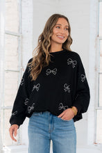 Load image into Gallery viewer, Sew in Love Terry Knit Sweatshirt with Rhinestone Bows in Black