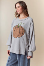 Load image into Gallery viewer, Fantastic Fawn OVERSIZED Waffle Knit Top with Plaid Pumpkin Patch Front In Heather Grey