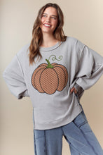 Load image into Gallery viewer, Fantastic Fawn OVERSIZED Waffle Knit Top with Plaid Pumpkin Patch Front In Heather Grey