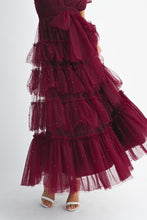 Load image into Gallery viewer, MABLE Pearl Stud and Mesh Tulle Tiered Maxi Dress in Burgundy