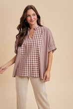 Load image into Gallery viewer, AnnieWear OVERSIZED Mixed Plaid Gingham Top in Violet Purple/Sand