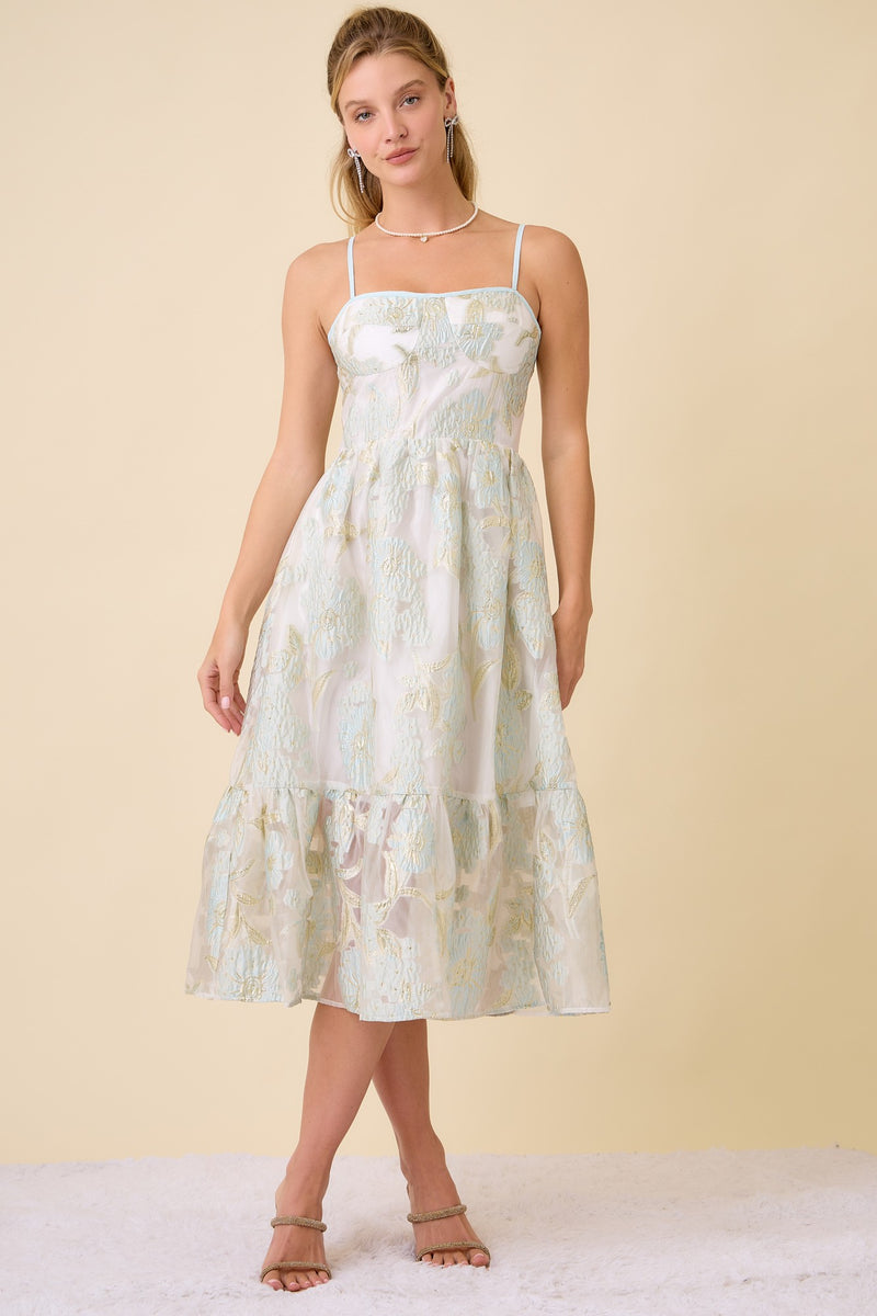 leith floral strappy midi dress Main Strip Metallic Floral Embossed Midi Dress in Light Blue M
