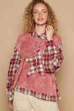 Load image into Gallery viewer, POL Tie Dyed Thermal Knit Top with Contrasting Plaid Sleeves and Star Patch in Redbean Multi