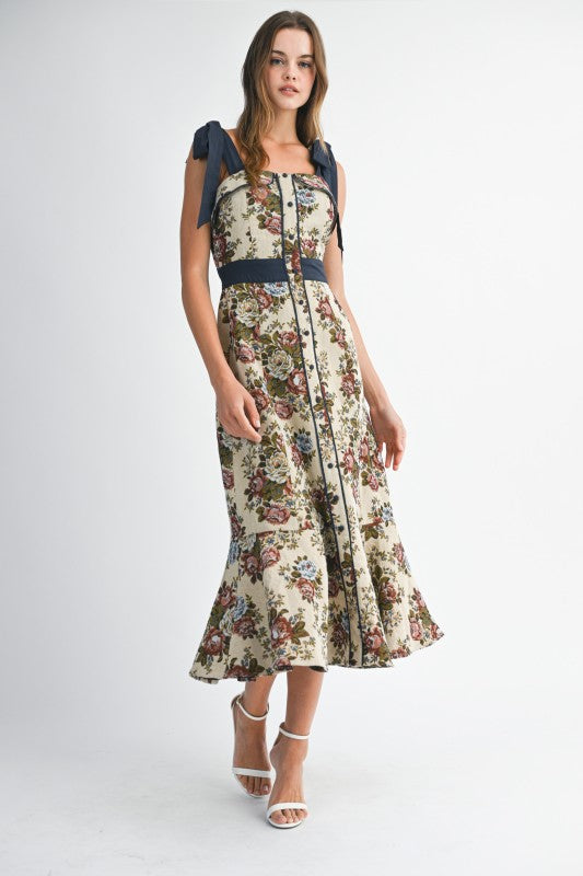 tapestry midi dress Mable Shoulder Bow Tapestry Fabric Midi Dress Small / Taupe