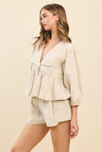 Load image into Gallery viewer, TCEC Solid Color Textured Peplum Top in Natural
