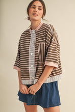 Load image into Gallery viewer, AnnieWear Contrasting Color Striped French Terry Jacket in Mocha/Blush