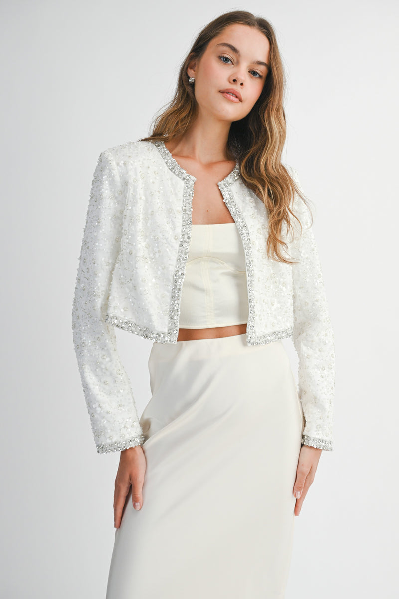 MABLE Beaded Lace Applique Bolero Jacket in Off White M