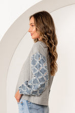 Load image into Gallery viewer, Sew in Love Rhinestone Knit Top with Textured Lattice Denim Sleeves in Grey/Denim