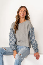 Load image into Gallery viewer, Sew in Love Rhinestone Knit Top with Textured Lattice Denim Sleeves in Grey/Denim