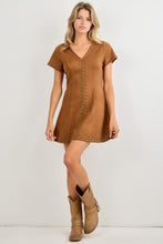Load image into Gallery viewer, BaeVely Stud Detail Faux Suede V-Neck Mini Dress in Brown
