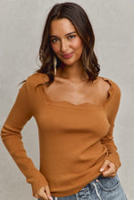 Load image into Gallery viewer, So Me FITTED Knit Sweater Top with Scalloped Neckline in Camel