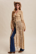 Load image into Gallery viewer, Listicle Smocked and Lace Maxi Kimono in Taupe