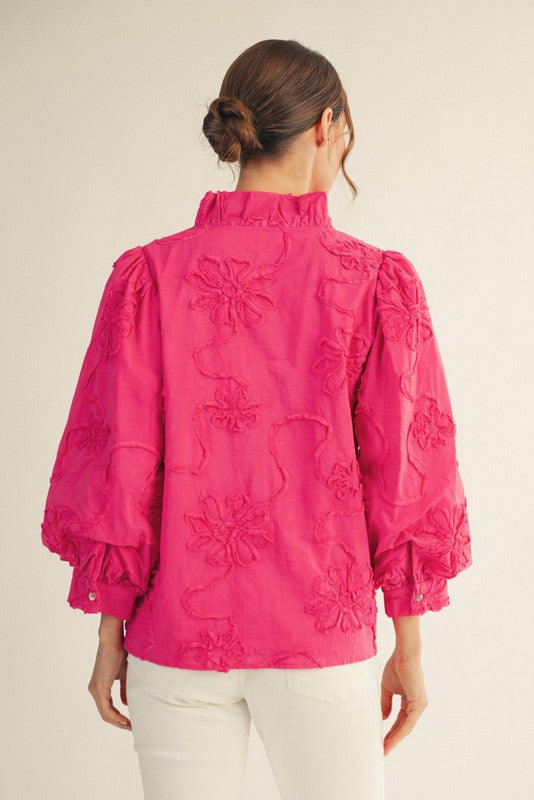Jodifl Solid Color Textured 3D Floral Top in Bubble Gum – June Adel