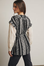 Load image into Gallery viewer, Forte Floral Stripe Belted Top With Sheer Sleeves in Black