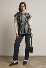 Load image into Gallery viewer, Forte Floral Stripe Belted Top With Sheer Sleeves in Black