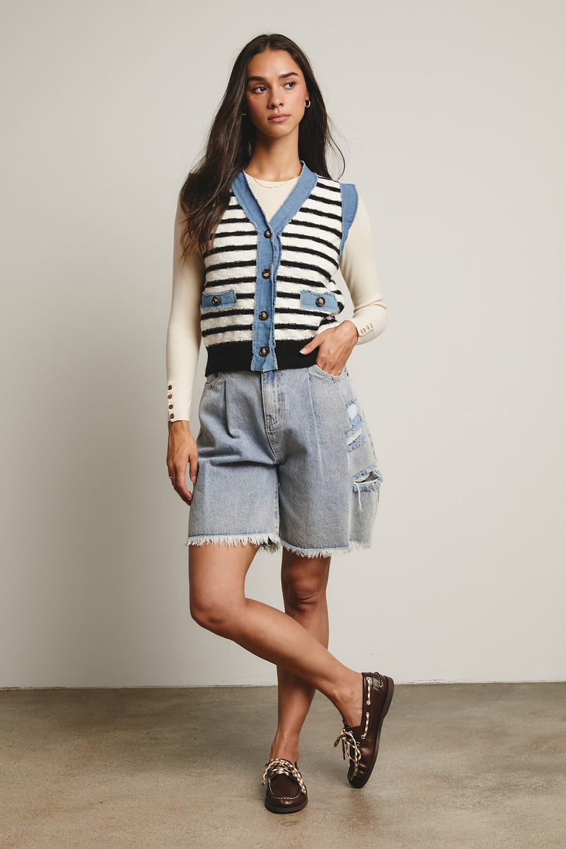 Forte Denim Trim Button Down Knit Vest in Stripes – June Adel