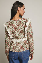 Load image into Gallery viewer, Forte Eyelet Ruffle Floral Peplum Top in Light Sage
