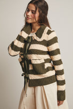 Load image into Gallery viewer, Forte Striped Knit Front Tie Cardigan in Dark Olive