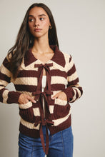 Load image into Gallery viewer, Forte Striped Knit Front Tie Cardigan in Mocha