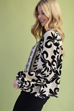 Load image into Gallery viewer, GiGio Two Toned Contrasting Print Top with Fringe Details in Off White