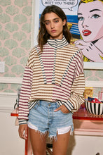 Load image into Gallery viewer, BucketList Funnel Neck Half Zip Contrast Details Striped Top in Wine/Brown