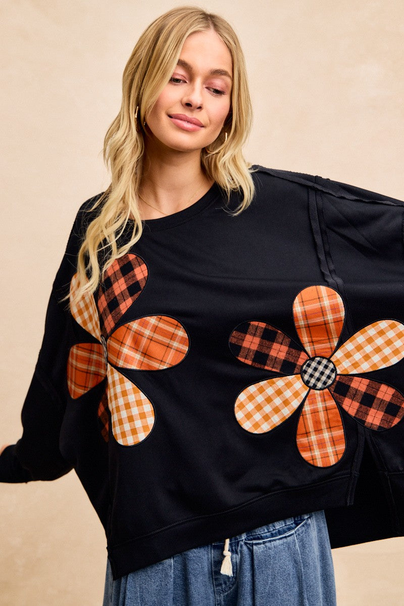 BiBi OVERSIZED Mixed Plaid Flower Patched French Terry Top in