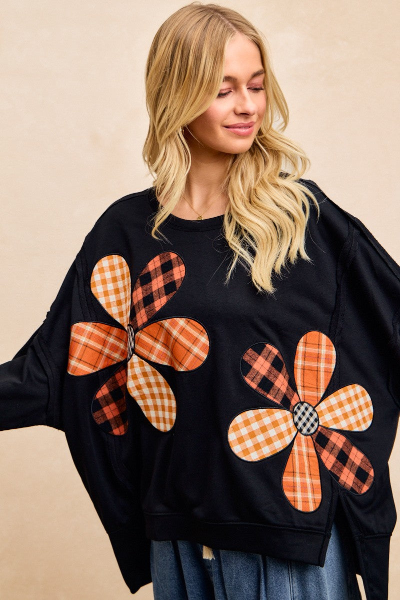 BiBi OVERSIZED Mixed Plaid Flower Patched French Terry Top in