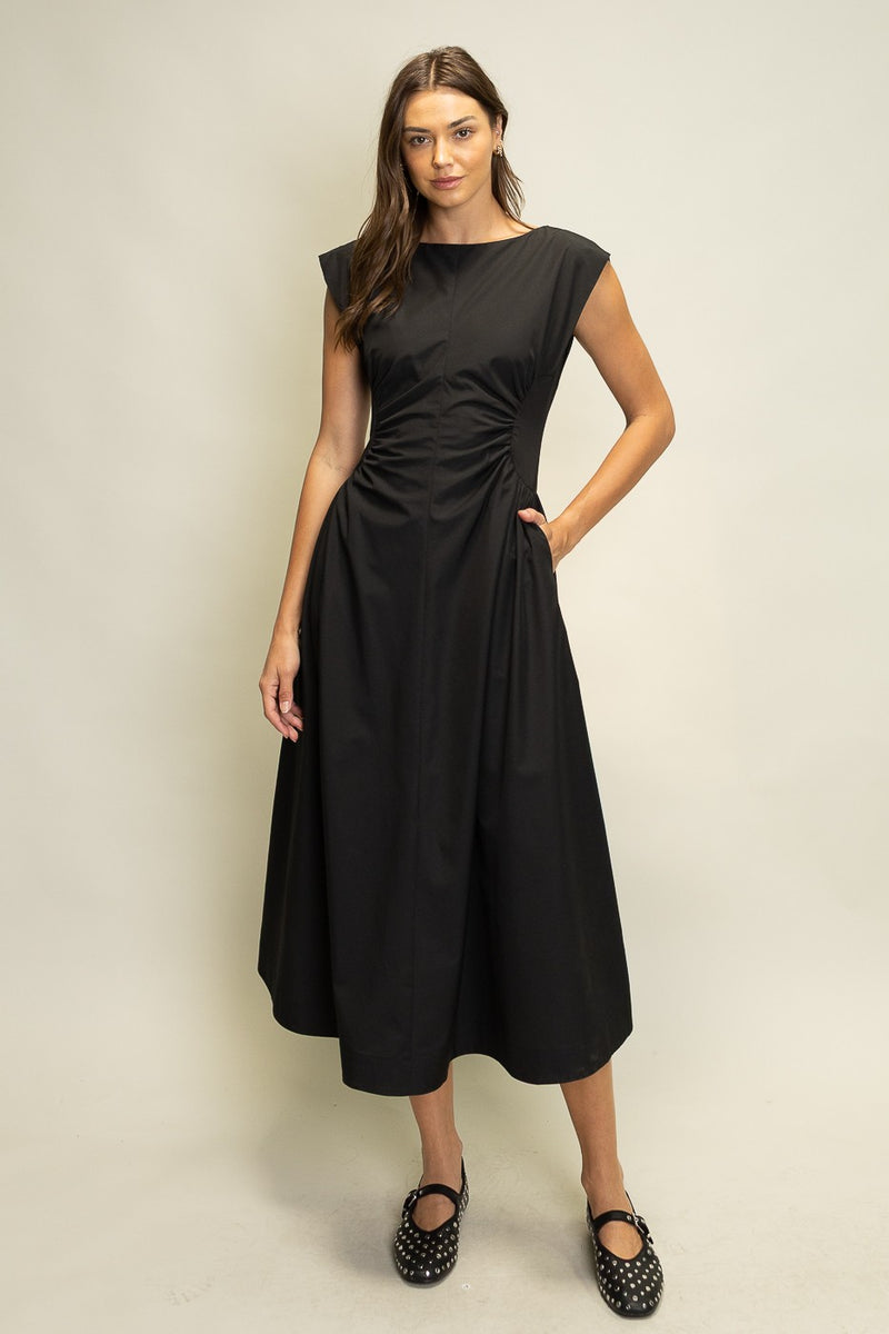 Heyson Side Panel V-Neck Back Midi Dress in Black – June Adel
