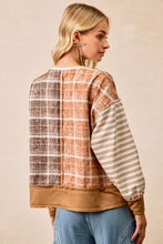 Load image into Gallery viewer, BiBi Plaid and Stripe Color Block Top in Rust/Dark Mocha