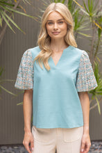 Load image into Gallery viewer, VOY Tweed Sequins Bubble Sleeve Textured Woven Top in Teal