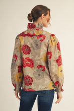 Load image into Gallery viewer, Jodifl Ruffle High Neck Floral Top in Burgundy/Olive