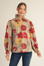 Load image into Gallery viewer, Jodifl Ruffle High Neck Floral Top in Burgundy/Olive