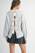 Load image into Gallery viewer, MABLE Soft Knit Open Back Sweater with Stitched Organza Bow Closure in Heather Grey