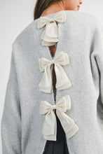 Load image into Gallery viewer, MABLE Soft Knit Open Back Sweater with Stitched Organza Bow Closure in Heather Grey